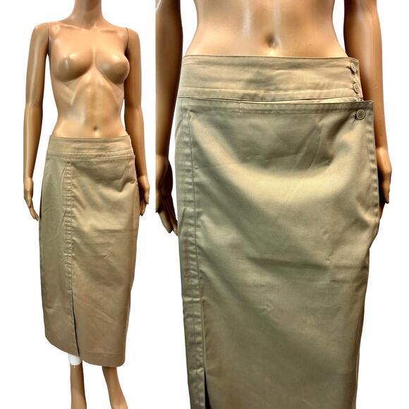 Vintage Khaki Wrap Midi Skirt 70s Safari Style by Giorgio Sant’Angelo - Picture 1 of 12